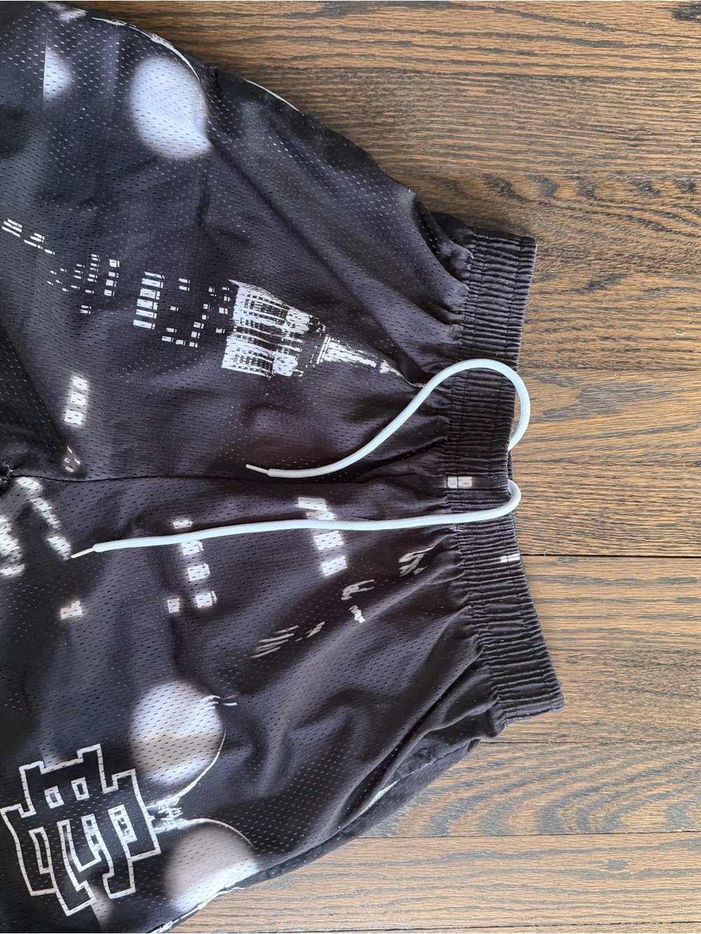 Eric Emanuel Black Cityscape Graphic Athletic Shorts with White Drawstring